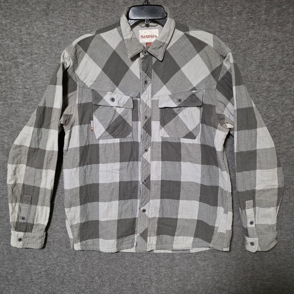 Simms Gray White Plaid Flannel Long Sleeve Fishing Hiking Shirt Mens Large